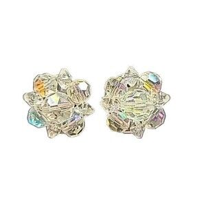 Vintage Clear Aurora Borealis AB Crystal Clip On Earrings